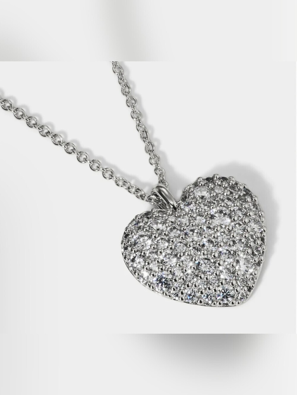 Crystal Pavé Heart Necklace- Brass Based Silver Color 18"